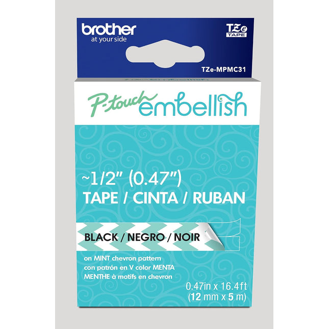 Original Brother P-Touch Embellish Black Print on Mint Chevron Pattern Tape TZEMPMC31 – ~½” Wide x 13.1’ Long