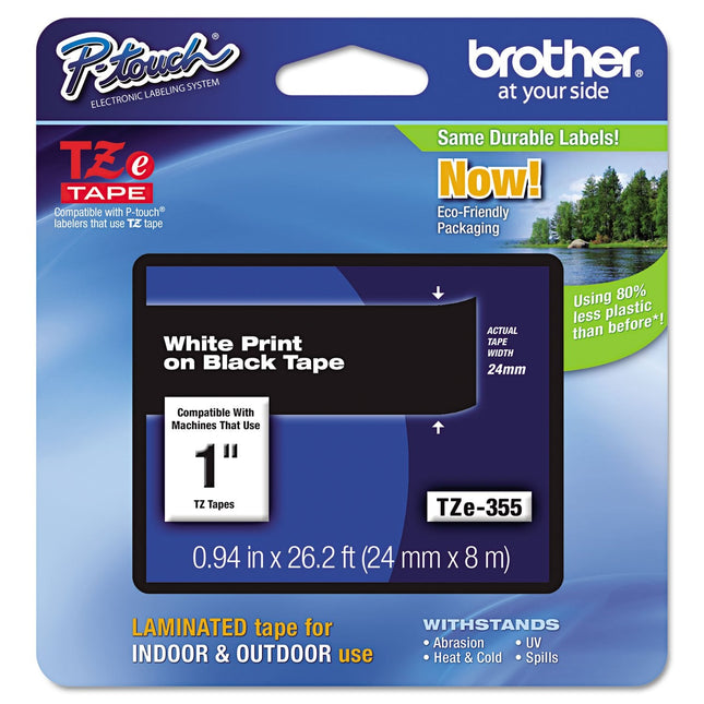Genuine Brother P-Touch TZE-355 Tape, 1" (0.94") Wide Standard Laminated Tape, White on Black, 0.94" x 26.2' (24mm x 8M), TZE355