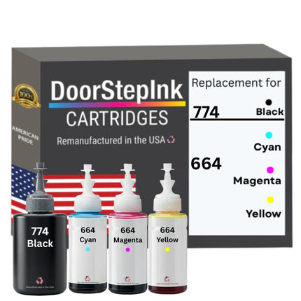 DoorStepInk Brand Replacement For Epson 774/664 (774Bk/664CMY) High Yield Ink Bottle Made in the USA, 4-Pack