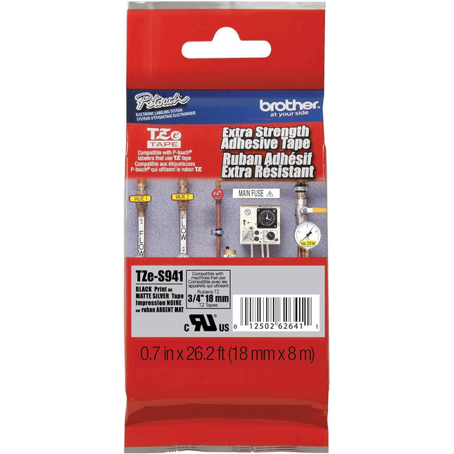 Genuine Brother P-touch TZE-S941 Tape, 3/4" (0.7") Wide Extra-Strength Adhesive Laminated Tape,Black on Matte Silver, Water-Resistant,0.7" x 26.2' (18mm x 8M), TZES941
