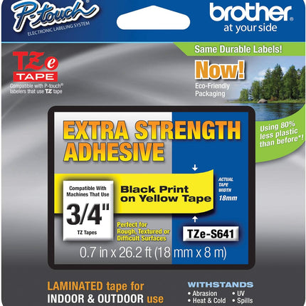 Genuine Brother P-touch TZE-S641 Tape, 3/4" (0.7") Wide Extra-Strength Adhesive Laminated Tape, Black on Yellow, Laminated 0.7" x 26.2' (18mm x 8M), TZES641