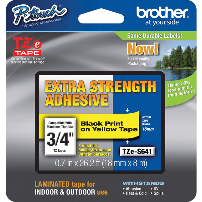 Genuine Brother P-touch TZE-S641 Tape, 3/4" (0.7") Wide Extra-Strength Adhesive Laminated Tape, Black on Yellow, Laminated 0.7" x 26.2' (18mm x 8M), TZES641