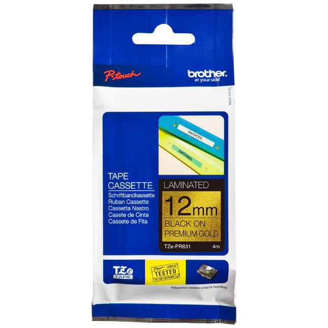 Original Brother TZe-PR831 12mm (0.47") Black on Premium Glitter Gold Laminated Labeling Tape for P-touch Printer, 26.2'