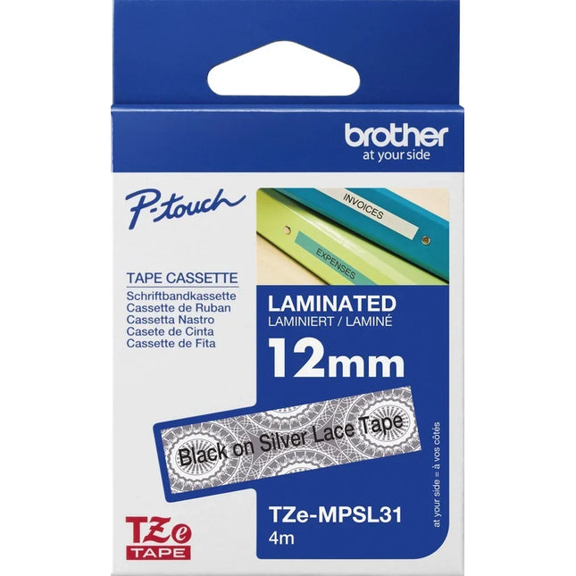Original Brother TZe-MPSL31 Labelling Tape Cassette, Black on Silver Lace, 12 mm (W) x 4 m (L)