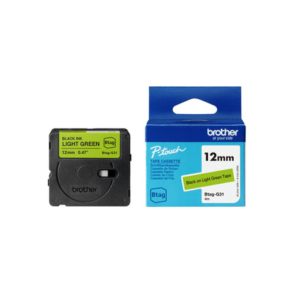Original Brother BTAG-G31 Standard Yield Black Ink on Light Green Label Tape 12mm, BTAGG31