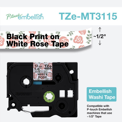 Original Brother P-Touch Embellish Black Print on White Rose Washi Tape TZeMT3115 - ~~½” Wide x 13.1’ Long for use with P-Touch Embellish Ribbon & Tape Printer