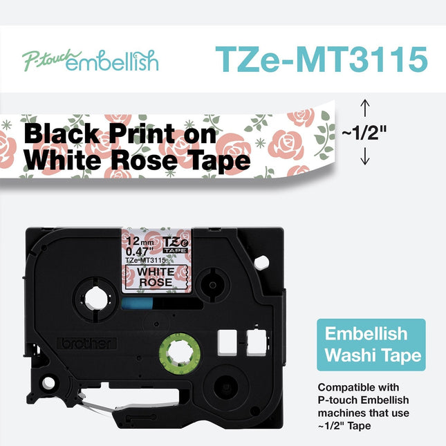 Original Brother P-Touch Embellish Black Print on White Rose Washi Tape TZeMT3115 - ~~½” Wide x 13.1’ Long for use with P-Touch Embellish Ribbon & Tape Printer