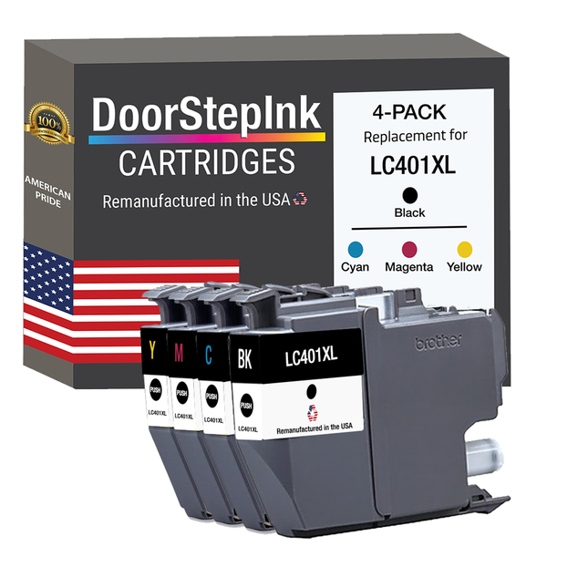 DoorStepInk Brand for Brother LC401XL 1 Black and 3 Color High Yield Remanufactured in USA Inkjet Cartridge, 4-Pack