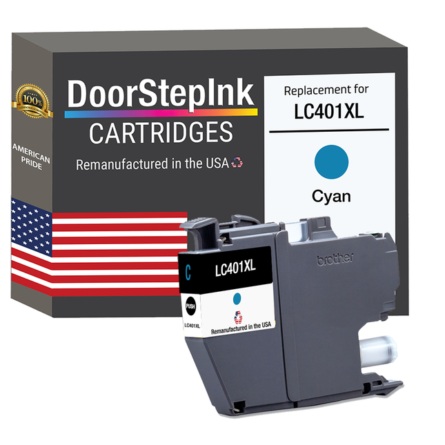 DoorStepInk Brand for Brother LC401XL Cyan High Yield Remanufactured in USA Inkjet Cartridge