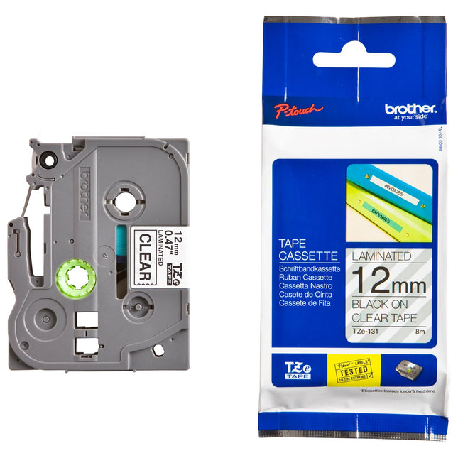 Genuine Brother TZe-131 Labelling Tape – Black on Clear, 12mm wide