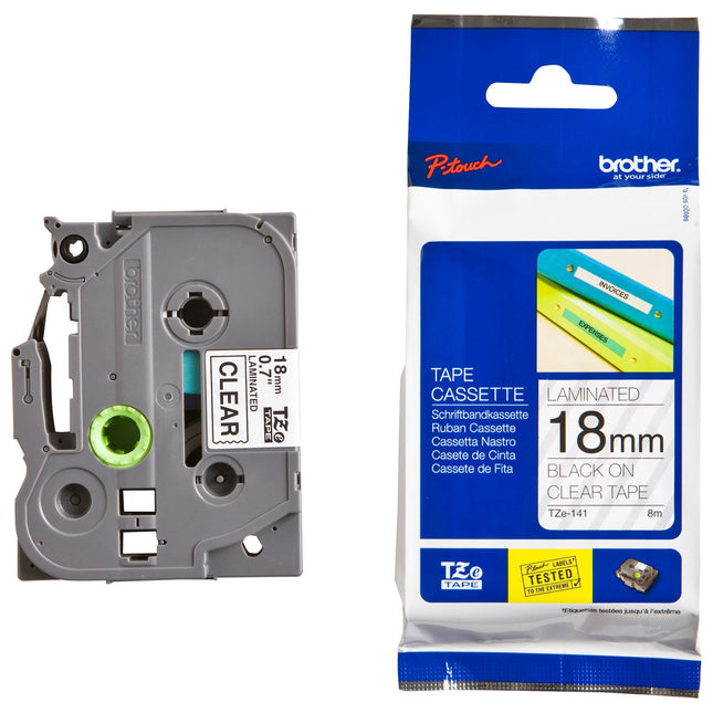 Genuine Brother TZe-141 Labelling Tape Cassette – Black on Clear, 18mm wide