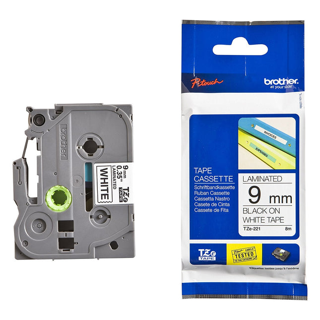 Genuine Brother TZe-221 Labelling Tape – Black on White, 9mm wide