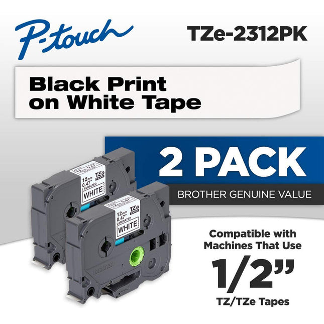 Genuine Brother TZe-2312PK 1/2 In. Black on White P-Touch Label Tape 2/Pack 