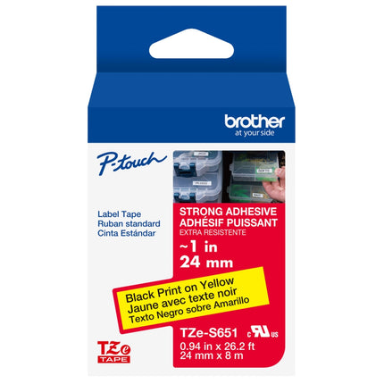 Brother Genuine P-touch TZE-S651 Tape, 1" (0.94") Wide Extra-Strength Adhesive Laminated Tape, Black on Yellow, 0.94" x 26.2' (24mm x 8M)