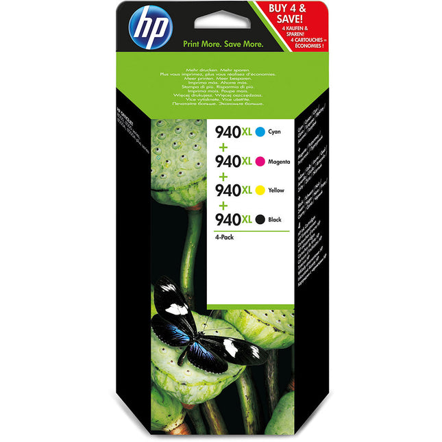 Genuine HP 940XL High Yield Black and Tri-Color Inkjet Cartridge, C2N93AE 4-Pack