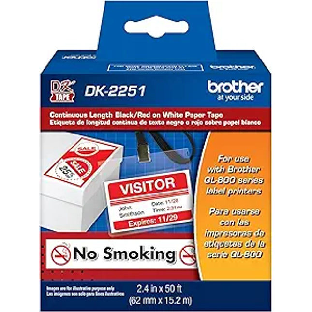 Genuine Brother DK-2251 Replacement Labels, Black/Red Label on White Paper Tape