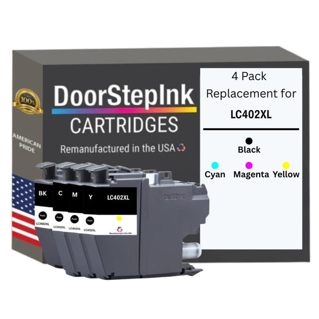DoorStepInk Brand for Brother LC402XL 1 Black and 3 Color High Yield Remanufactured in USA Inkjet Cartridge, 4-Pack