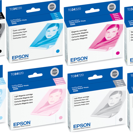 New Genuine Epson T034 Black and Color Ink Cartridges-8 Pack