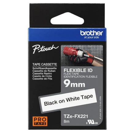 Genuine Brother TZe-FX221 Black on White Flexible ID Laminated Tape for P-touch Label Makers, 9 mm wide x 8 m long
