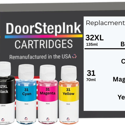 DoorStepInk Brand Replacement for HP 32XL Black 135ml HP 31 Tri-Color 70ml Ink Bottle Made in the USA