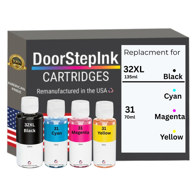 DoorStepInk Brand Replacement for HP 32XL Black 135ml HP 31 Tri-Color 70ml Ink Bottle Made in the USA