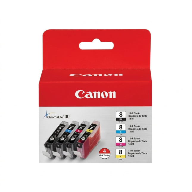 Original Canon CLI-8 Standard Yield Tri-Color (4-Pack) Ink Tank, 0620B010