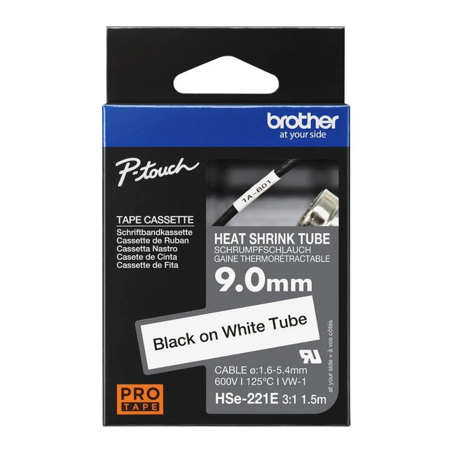 Genuine Brother HSe-221E Heat Shrink Tape, Black On White, 9mm x 1.5m