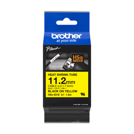 Original Brother HSE-631E Heat Shrink Tape, Black On Yellow, 11.2mm x 1.5m