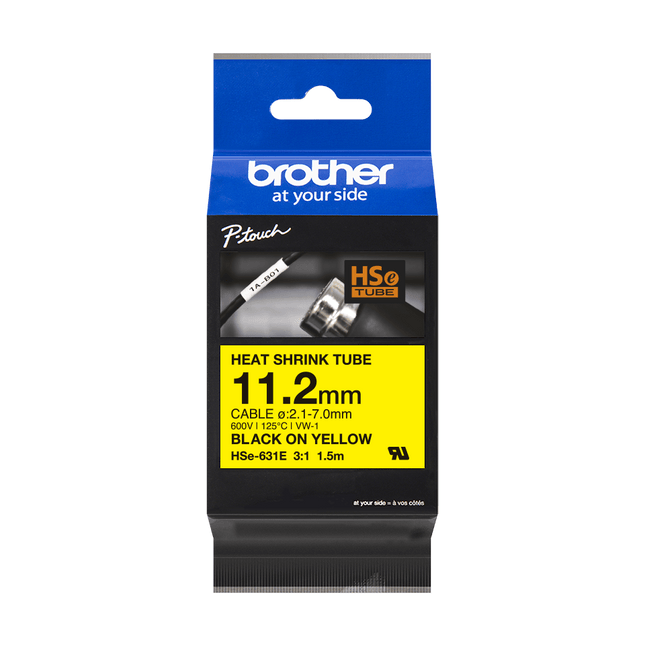 Original Brother HSE-631E Heat Shrink Tape, Black On Yellow, 11.2mm x 1.5m