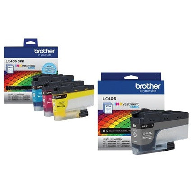 Original Brother LC406 Black and Color Ink Cartridges-4 pack