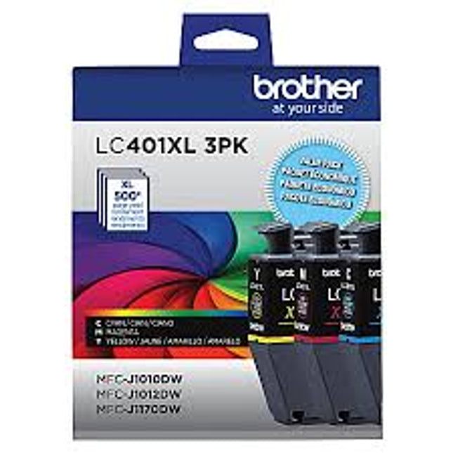Genuine Brother LC401XL High Yield Ink, Cyan/Magenta/Yellow, Pack of 3 Cartridges