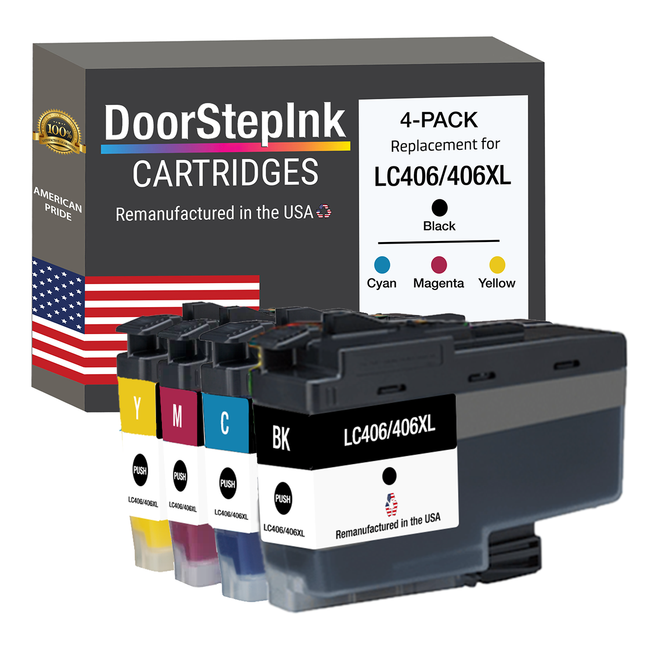 DoorStepInk Brand for Brother LC406/406XL Black and Tri-Color Remanufactured in USA Inkjet Cartridge, LC406/406XL.4PK
