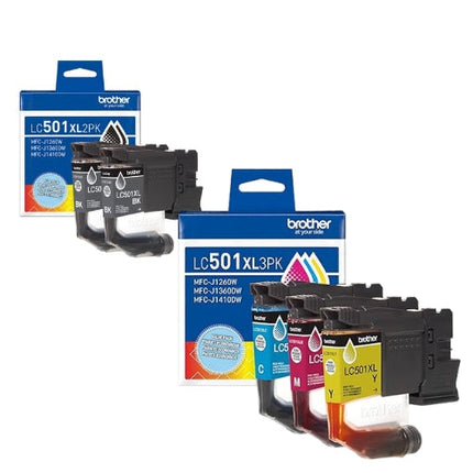 Original Brother LC501XL High Yield Multi-Color (2-Black) & (Color) Ink Cartridge, BCMY-5 Pack