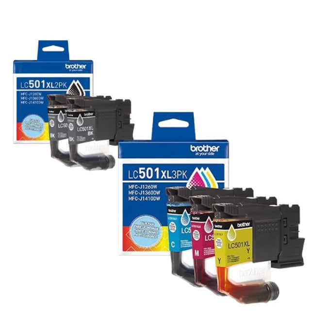 Original Brother LC501XL High Yield Multi-Color (2-Black) & (Color) Ink Cartridge, BCMY-5 Pack