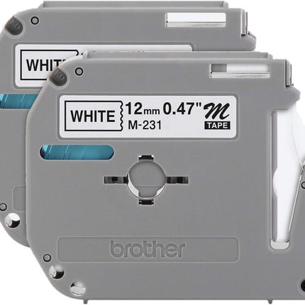Genuine Brother M-2312PK Tape, 1/2" (0.47") Wide Standard Non-Laminated Tape, Black on White, 0.47" x 26.2' (12mm x 8M) M231 2-PK