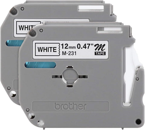 Genuine Brother M-2312PK Tape, 1/2" (0.47") Wide Standard Non-Laminated Tape, Black on White, 0.47" x 26.2' (12mm x 8M) M231 2-PK