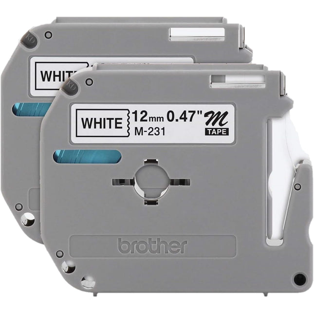 Genuine Brother M-2312PK Tape, 1/2" (0.47") Wide Standard Non-Laminated Tape, Black on White, 0.47" x 26.2' (12mm x 8M) M231 2-PK