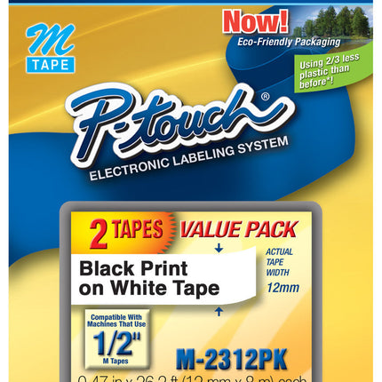 Genuine Brother Tape, 1/2" (0.47") Wide Standard Non-Laminated Tape, Black on White - M-231-2PK