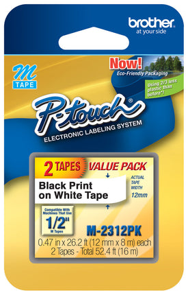 Genuine Brother Tape, 1/2" (0.47") Wide Standard Non-Laminated Tape, Black on White - M-231-2PK