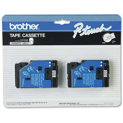 Original Brother TC-20 1/2 In. Standard Yield Black On White P-touch Tape, 2/Pack