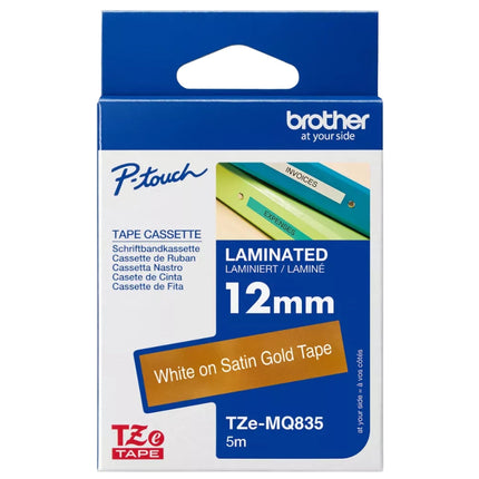 Original Brother TZe-MQ835 Labelling Tape Cassette 12mm (W) * 5m (L) White on stain Gold Tape-TZe-MQ835