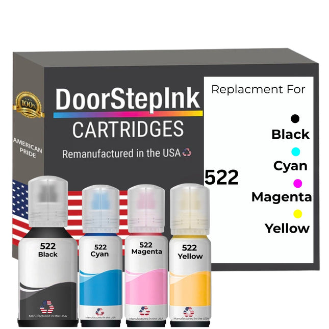 DoorStepInk Brand Replacement For Epson 522 (T522120-BCS) Black 140ml, CMY 70ml Ink Multi-Color Bottle Made in the USA