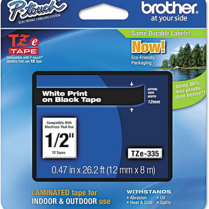 Genuine Brother -touch TZE-335 Label Tape, 1/2" (0.47")  Standard Laminated P-Touch Tape, White on black Single-Pack 