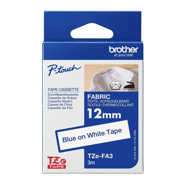 Genuine Brother P-touch TZE-FA3 Tape, 1/2" (0.47") Wide Fabric Iron-On Tape, Navy Blue on White, CSingle-Pack,TZEFA3