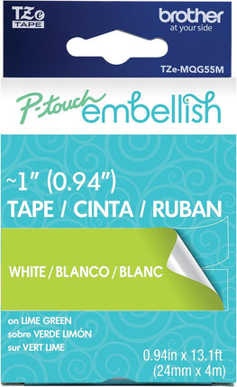 Original Brother P-Touch Embellish White Print on Lime Green Tape TZE-MQG55M - ~1" Wide x 13.1’ Long (24mm x 4m)