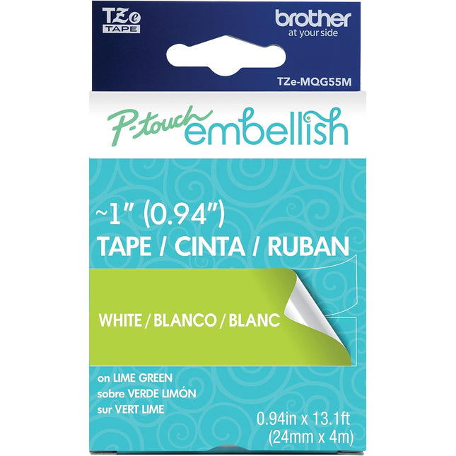 Original Brother P-Touch Embellish White Print on Lime Green Tape TZE-MQG55M - ~1" Wide x 13.1’ Long (24mm x 4m)