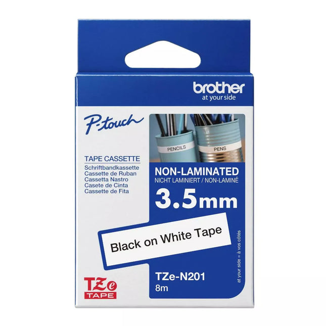 Genuine Brother P-Touch TZE-N201 Super-Narrow Black on White Non-Laminated Tape, , 0.13" x 26.2' (3.5mm x 8M)