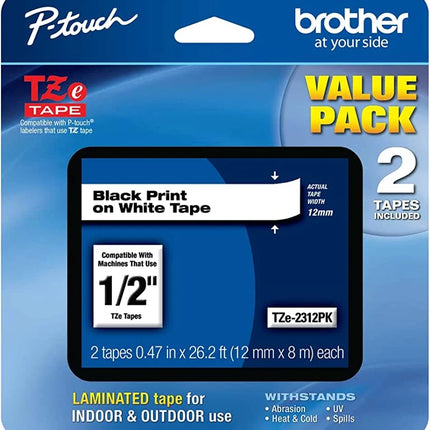Genuine Brother TZe-2312PK 1/2 In. Black on White P-Touch Label Tape 2/Pack
