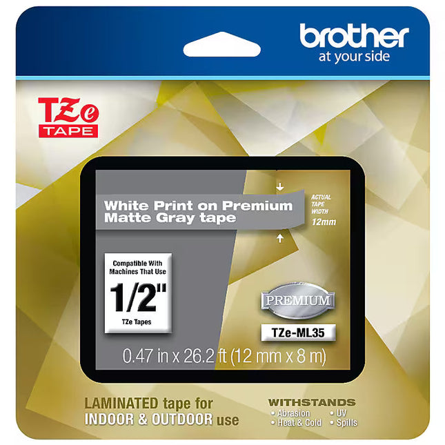 Original Brother P-Touch TZe-ML35 White Print on Premium Matte Gray Laminated Tape 12mm (0.47”) Wide x 8m (26.2’) Long, TZEML35