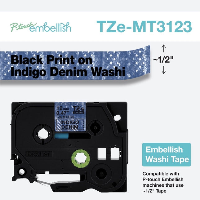 Original Brother TZEMT3123 - P-touch Embellish Black on Indigo Denim Washi Tape 12mm
